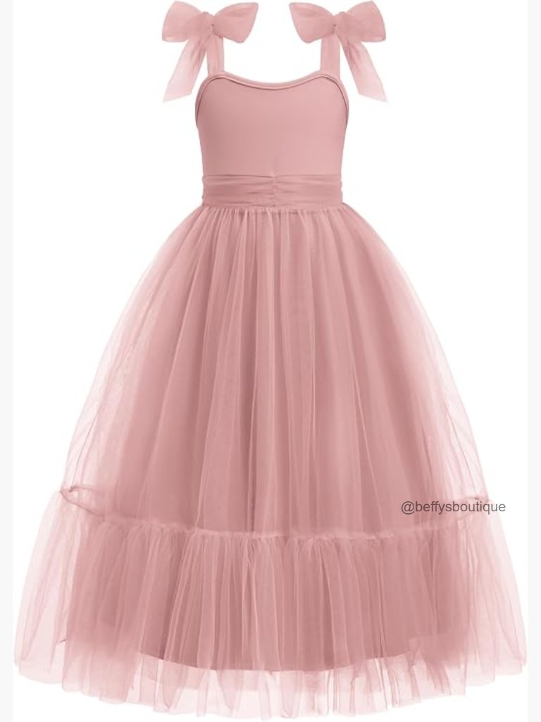 Girls Sleeveless Bow-Tie Strap Long Tulle Party Dress